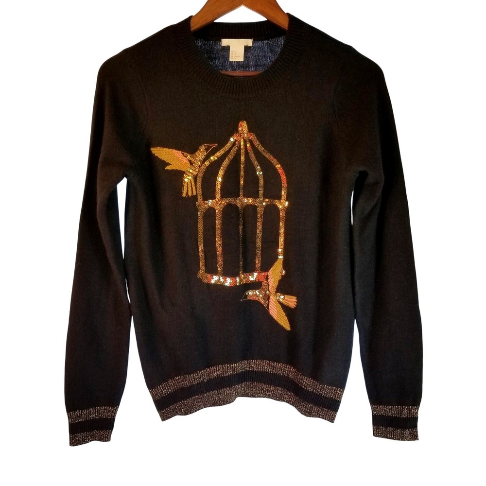 H&M Black Sequin Bird Cage Sweater Women's XS Sparkle Long Sleeve Knit Bird Nerd